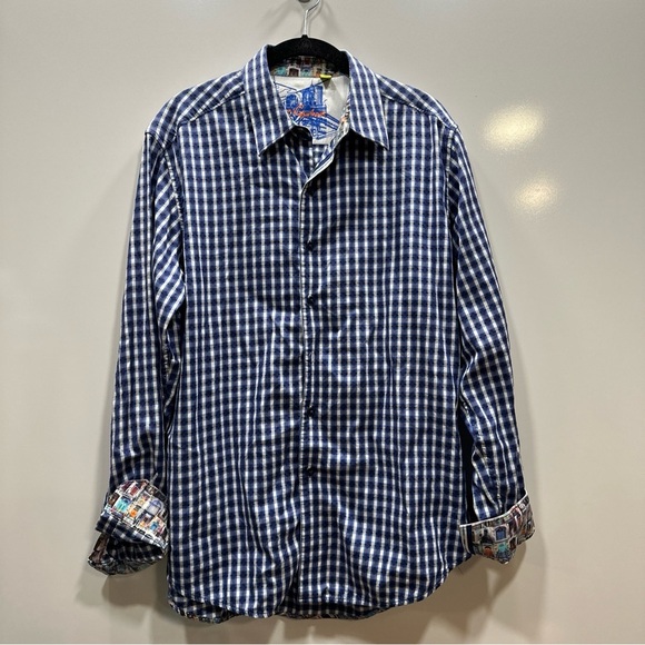 Robert Graham Blue White Checkered Button Up Sz M Colorful Flip Cuff Dress Shirt - Picture 1 of 9
